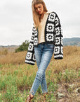 Two-Tone Floral Square Crochet Open Knit Cardigan