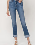 Mid-Rise Single Cuffed Crop Slim Straight Jeans