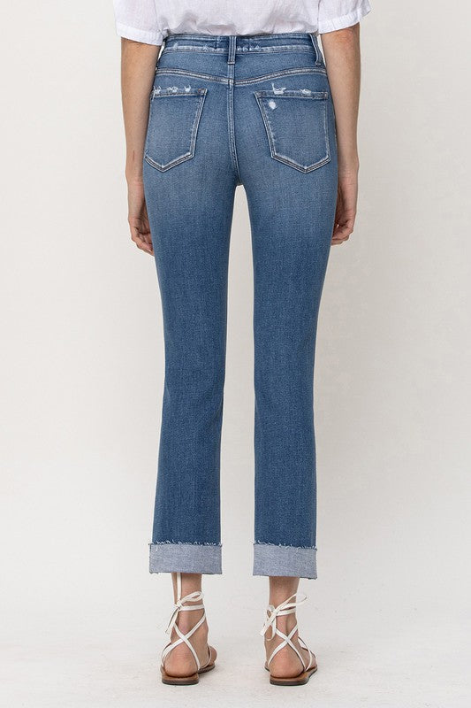 Mid-Rise Single Cuffed Crop Slim Straight Jeans