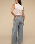 Washed Linen Elastic Band Waist Cargo Pants