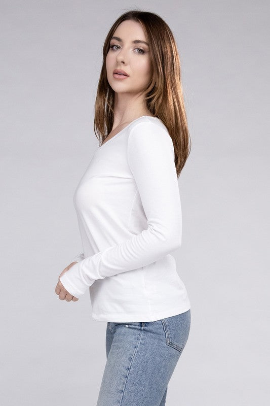 Cotton V-Neck Long Sleeve T-Shirt