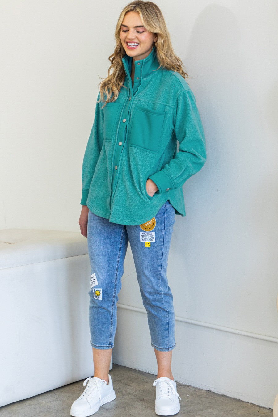 High Neck Fleece Jacket- Teal