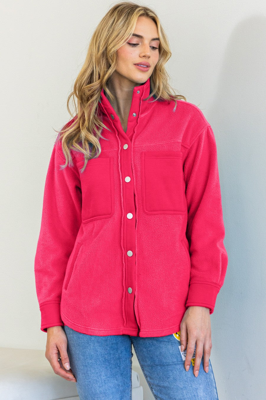 High Neck Fleece Jacket- Pink