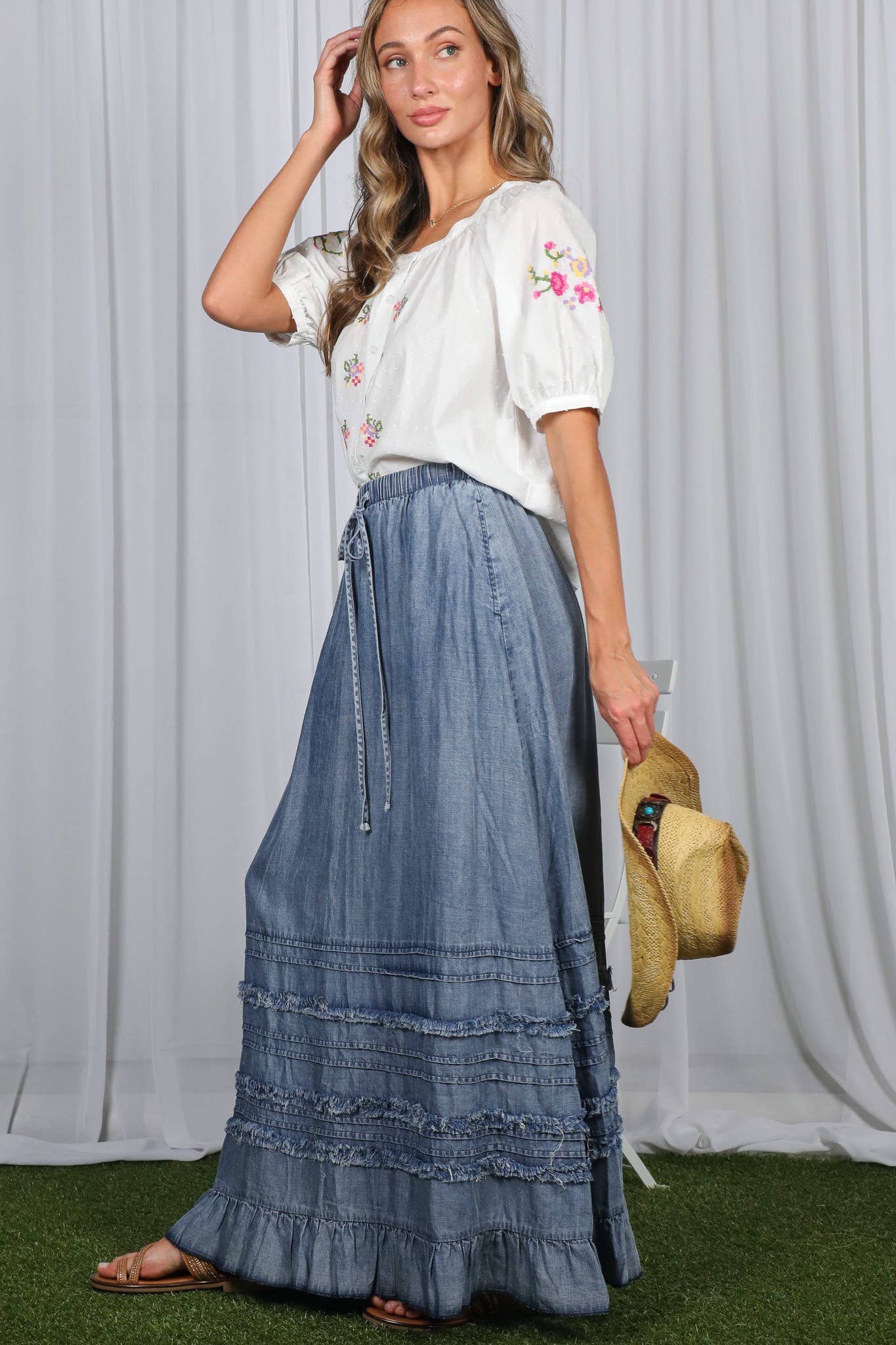 Ruffle Chambray Maxi Skirt