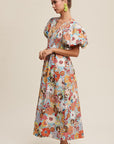 Flower Print Smocked V-neck Puff Sleeve Maxi Dress