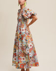 Flower Print Smocked V-neck Puff Sleeve Maxi Dress