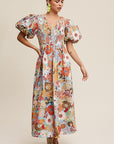 Flower Print Smocked V-neck Puff Sleeve Maxi Dress