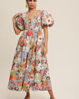 Flower Print Smocked V-neck Puff Sleeve Maxi Dress