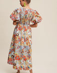 Flower Print Smocked V-neck Puff Sleeve Maxi Dress