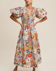 Flower Print Smocked V-neck Puff Sleeve Maxi Dress