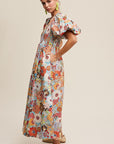 Flower Print Smocked V-neck Puff Sleeve Maxi Dress