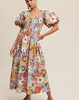 Flower Print Smocked V-neck Puff Sleeve Maxi Dress