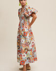 Flower Print Smocked V-neck Puff Sleeve Maxi Dress