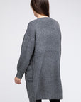 Twist Knitted Open Front Cardigan With Pockets