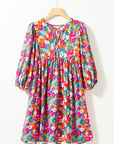 Boho Floral V Neck Lantern Sleeve Babydoll Dress