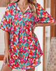 Boho Floral V Neck Lantern Sleeve Babydoll Dress