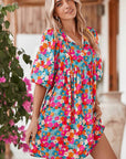 Boho Floral V Neck Lantern Sleeve Babydoll Dress