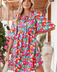 Boho Floral V Neck Lantern Sleeve Babydoll Dress