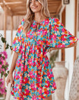 Boho Floral V Neck Lantern Sleeve Babydoll Dress