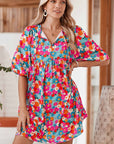 Boho Floral V Neck Lantern Sleeve Babydoll Dress