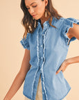 Button Front Ruffled Flutter Frayed Denim Top