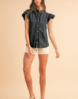 Button Front Ruffled Flutter Frayed Denim Top