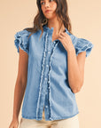 Button Front Ruffled Flutter Frayed Denim Top