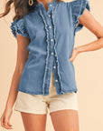 Button Front Ruffled Flutter Frayed Denim Top