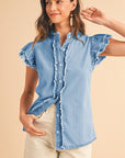 Button Front Ruffled Flutter Frayed Denim Top