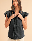 Button Front Ruffled Flutter Frayed Denim Top