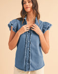 Button Front Ruffled Flutter Frayed Denim Top