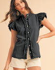 Button Front Ruffled Flutter Frayed Denim Top