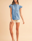 Button Front Ruffled Flutter Frayed Denim Top