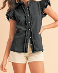 Button Front Ruffled Flutter Frayed Denim Top