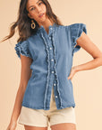 Button Front Ruffled Flutter Frayed Denim Top