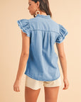 Button Front Ruffled Flutter Frayed Denim Top