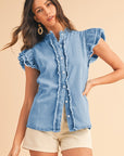 Button Front Ruffled Flutter Frayed Denim Top