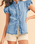 Button Front Ruffled Flutter Frayed Denim Top