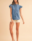 Button Front Ruffled Flutter Frayed Denim Top