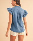 Button Front Ruffled Flutter Frayed Denim Top