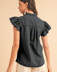 Button Front Ruffled Flutter Frayed Denim Top