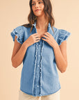 Button Front Ruffled Flutter Frayed Denim Top