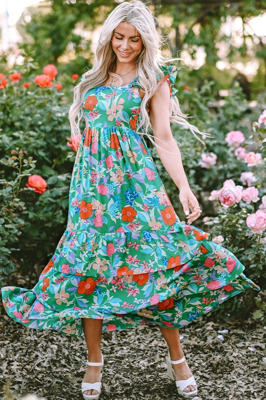 Floral Print Sleeveless Ruffle Tiered Maxi Dress