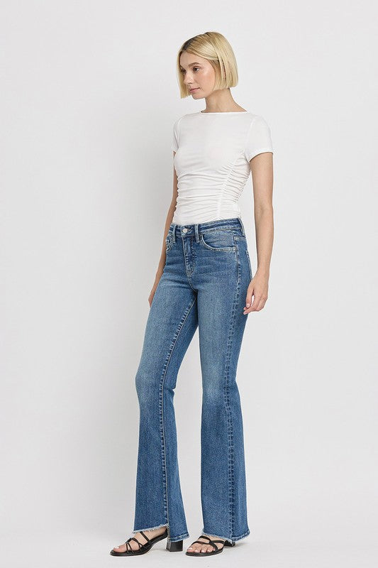 High Rise Slant Hem Flare Jeans