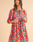 Floral Tie Split Neck Bubble Sleeve Babydoll Dress