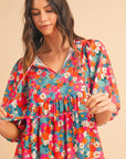 Floral Tie Split Neck Bubble Sleeve Babydoll Dress