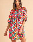 Floral Tie Split Neck Bubble Sleeve Babydoll Dress