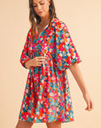 Floral Tie Split Neck Bubble Sleeve Babydoll Dress