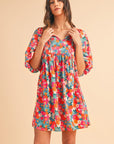 Floral Tie Split Neck Bubble Sleeve Babydoll Dress