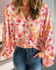 Floral Print V-Neck Lantern Sleeve Blouse